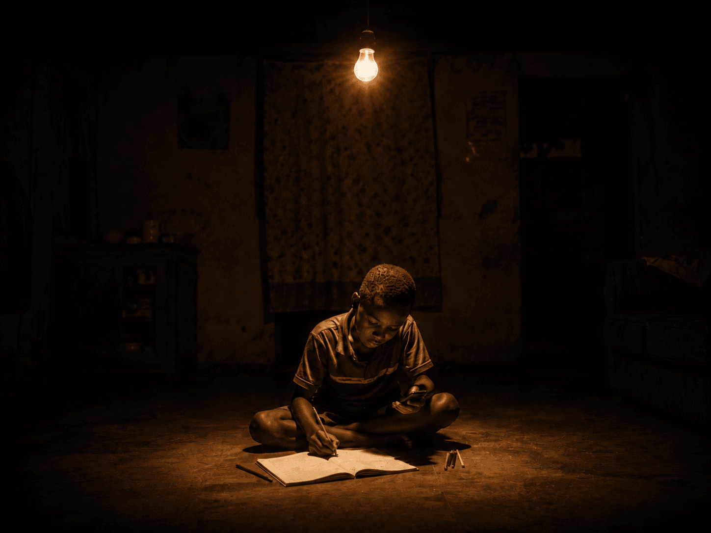 A child studying by lamplight, phone in hand