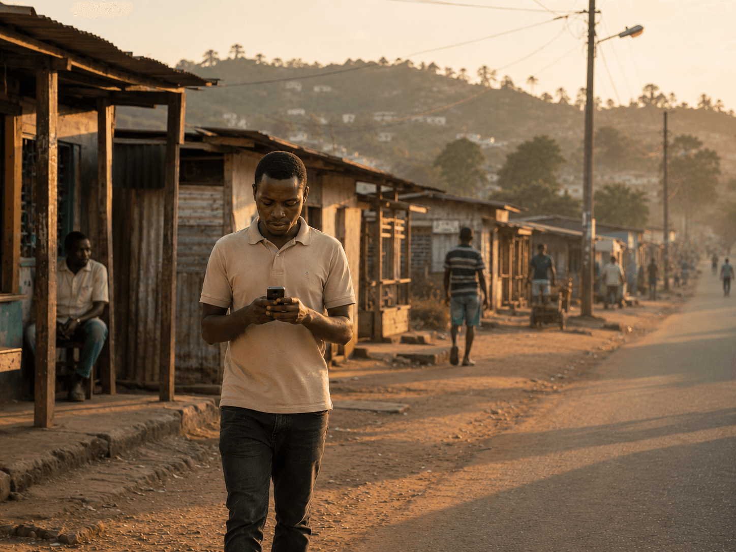 Man walking a dusk street on his phone