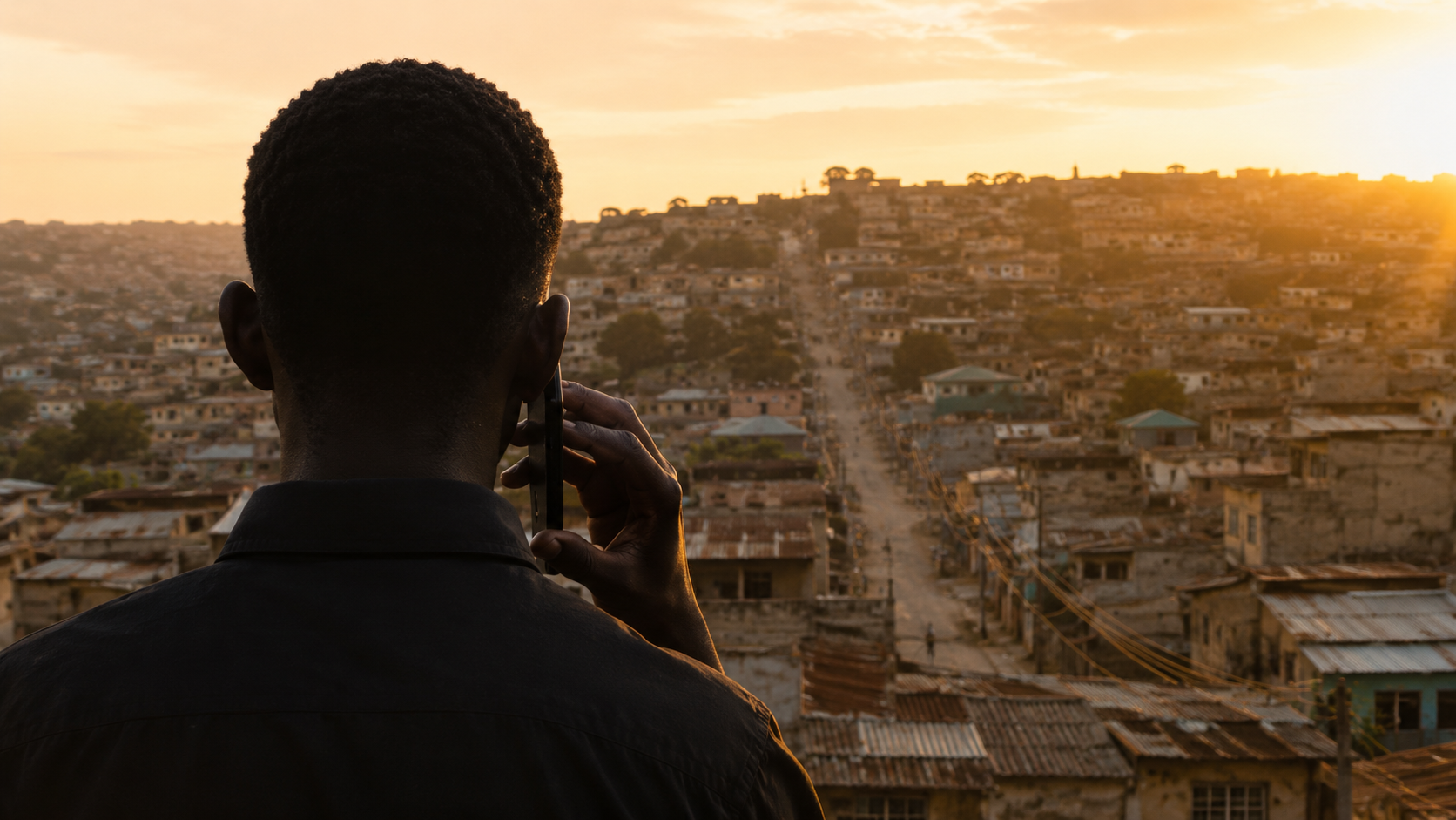 Man overlooking a hillside city at sunset